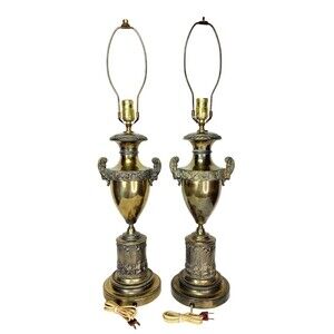 Antique Edwardian Brass Bronze Neoclassical Urn Trophy Parlor Lamps Gold Floral